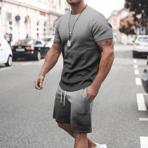 Xysaqa Big & Tall Men's 2 Piece Short Outfits, Gradient Color Shirt + Shorts Set for Men Summer Gym Athletic Sportwear Running Workout Jogging Set Mens Tracksuit 3X 4X 5X