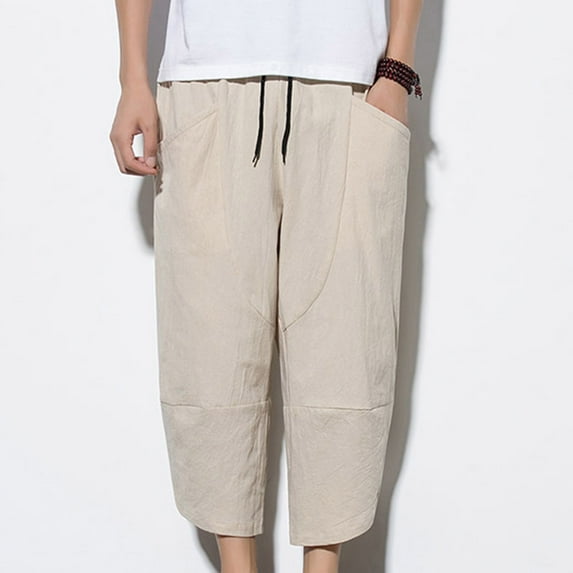 Xysaqa Big & Tall Men's Cotton Linen Pants Elastic Waist Cropped Trousers Lightweight Loose Capris Summer Beach Yoga Pants Plus Size 3X 4X 5X Clearance
