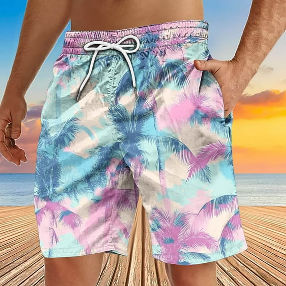 Dzypnd Big & Tall Mens Swim Trunks Mens Palm Tree Printed Bathing Suit Board Shorts Drawstring Elastic Waist Summer Beach Shorts Casual Short With Pockets Pink L