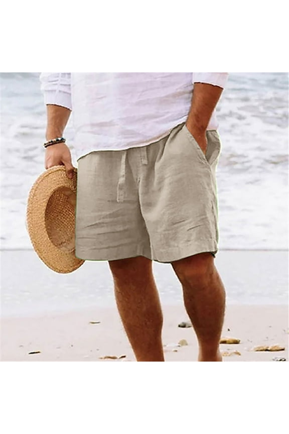Casual Big & Tall Linen Shorts for Men, Mens Cotton Lightweight Elastic Waist Yoga Jogger Beach Shorts with Pockets & Drawstring