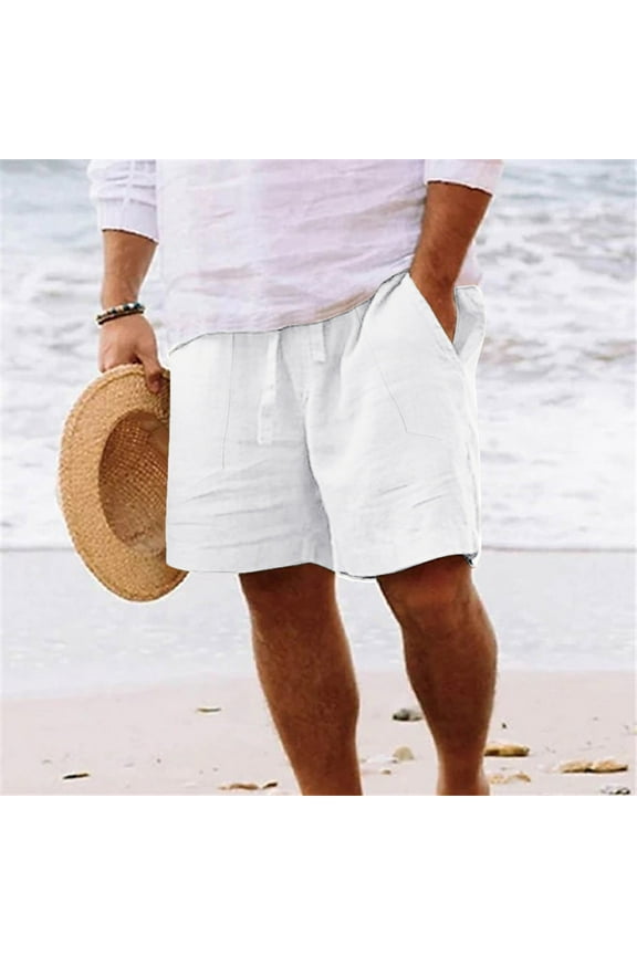 Casual Big & Tall Linen Shorts for Men, Mens Cotton Lightweight Elastic Waist Yoga Jogger Beach Shorts with Pockets & Drawstring