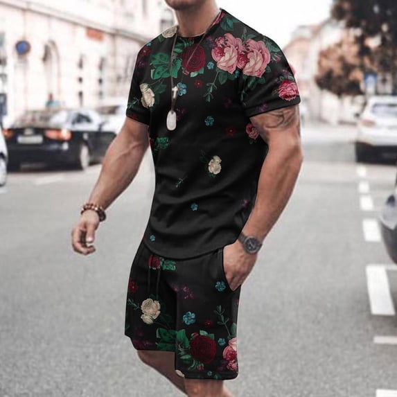 Xysaqa Casual Sport Short Sets for Men, Two Piece Summer Suit Floral Printed Crew Neck Short Sleeve Tee Shirts with Short Sweatpants Set M-5XL