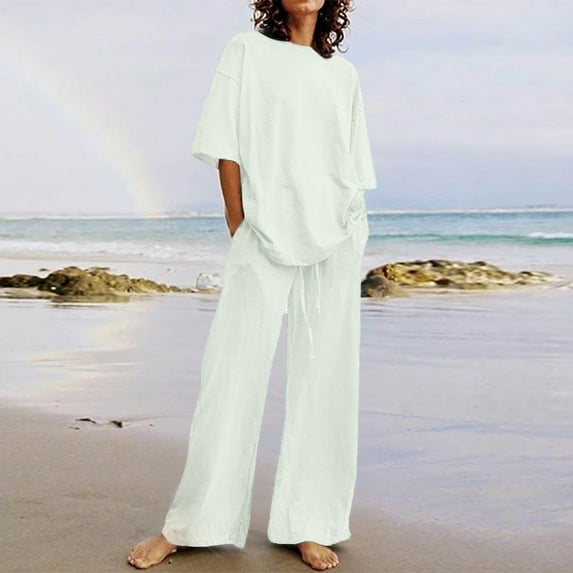 Xysaqa Cotton Linen Lounge Sets for Women Short Sleeve Crewneck Pullover Tops Wide Leg Long Pant 2 Piece Fashion Outfit Casual Workout Tracksuits S-5XL Plus Size