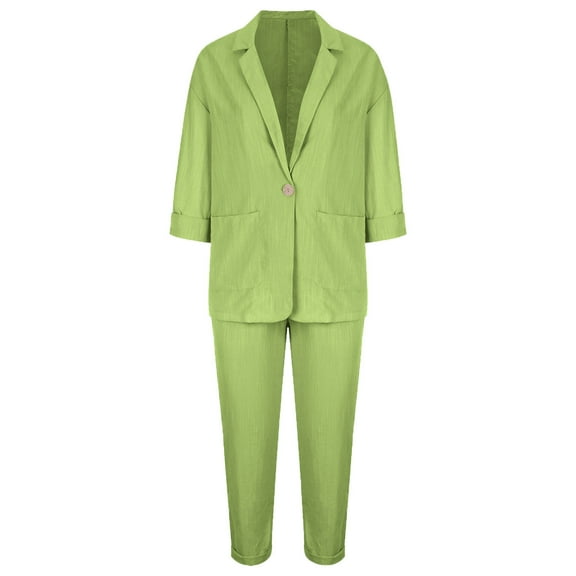 Xysaqa Cotton Linen Set for Women, Women's Casual Blazer Two Piece Outfits Long Sleeve Lapel Pockets Work Office Suit Jacket with Pants S-5XL （Available in Plus Size)