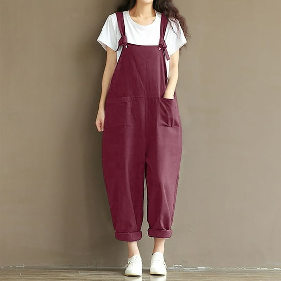 Xysaqa Cute Summer Outfits for Women, Women Summer Cotton Linen Bib Overalls Casual Adjust Straps Baggy Pants Rompers Jumpsuits with Pockets S-5Xl (Available In Plus Size)