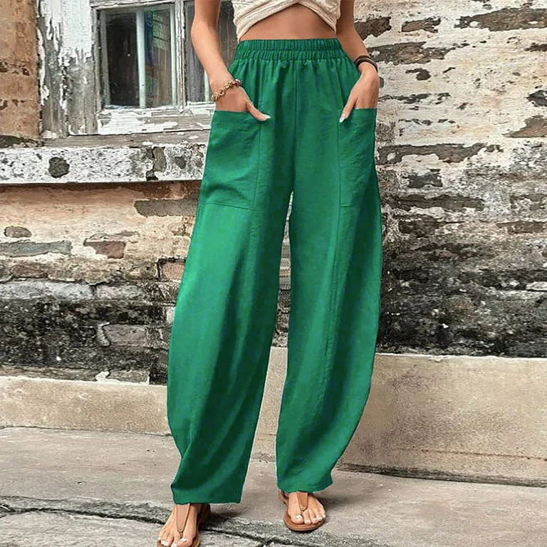 Xysaqa Cute Summer Outfits for Women, Women's Casual Loose Baggy Pants  Trousers Overalls Cotton Linen Long Pants with Pockets