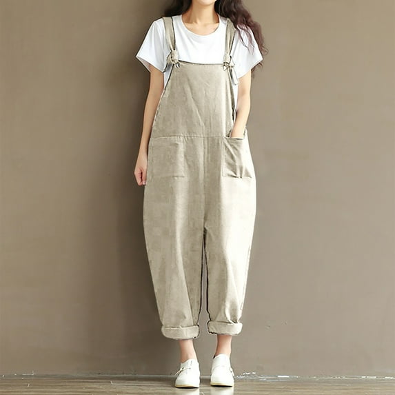 Xysaqa Formal Jumpsuit for Women Evening Party, Women Summer Cotton Linen Bib Overalls Casual Adjust Straps Baggy Pants Rompers Jumpsuits with Pockets S-5Xl (Available In Plus Size)