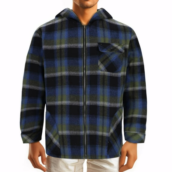 Xysaqa Full Zip Up Hoodies for Men Fleeces Lined Plaid Flannel Shirt Jacket Hooded Sweatshirt Warm Winter Coat for Mens S-3XL