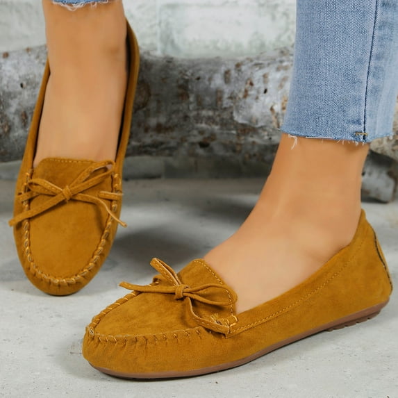 Xysaqa Go Walk Shoes for Women, Women's Loafer Flat Woman's Fashion Comfortable Round Toe Low Heels Shoes Bowknot Solid Color Casual Shoes Shoes for Women Dressy on Clearance