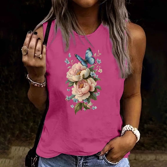 Xysaqa Going Out Tops for Women Loose Fit Summer Tops Vintage Floral T Shirts Women Flowers Graphic Tees Crew Neck Sleeveless Tshirts Cotton Casual Tops S-XXL