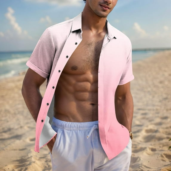 Xysaqa Gradient Color Mens Big & Tall Beach Shirts Casual Short Sleeve Button Up Dress Shirts Summer Tops for Men Regular Fitted 2X 3X 4X Summer Savings