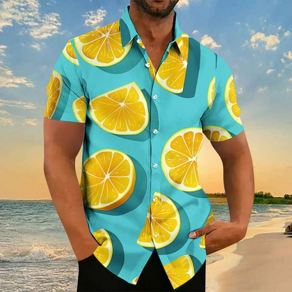 Xysaqa Hawaiian Shirt for Men Mens Graphic T-Shirts Hawaiian Shirt Men Big & Tall Fresh Lemon Print Shirts Merns Casual Short Sleeve Button Up T-Shirt Summer Party Beach Tshirt S-5Xl Dress Shirts for