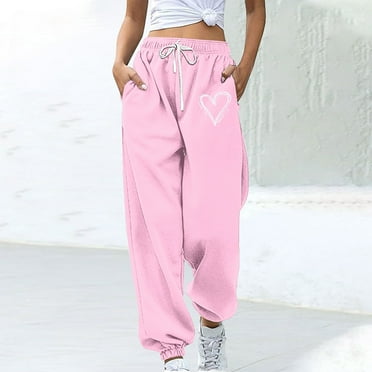 Xysaqa High Waisted Sweatpants Women Workout Gym Athletic Jogger Sweat Pants Womens Cuffed Bottom Baggy Lounge Pants with Pockets Pink 2XL