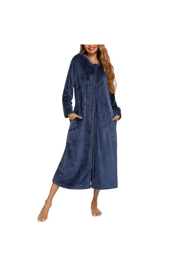 House Dresses for Womens Hooded Winter Fleece Robe Women Long Zip Up Hoodies House Coat Soft Cozy Long Sleeve Nightgowns Warm Comfy Sleepwear Solid Color Loungewear S-XXL