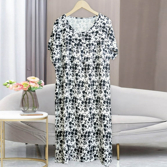 Xysaqa House Dresses Womens Nightgown Floral Print Sleepwear Cotton Casual Short Sleeve Pajama Dress Ruffle Front Old Lady Lounge Dress Plus Size 2X 3X 4X Clearance Black