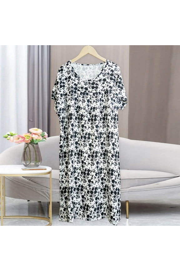 House Dresses Womens Nightgown Floral Print Sleepwear Cotton Casual Short Sleeve Pajama Dress Ruffle Front Old Lady Lounge Dress Plus Size 2X 3X 4X Clearance Black