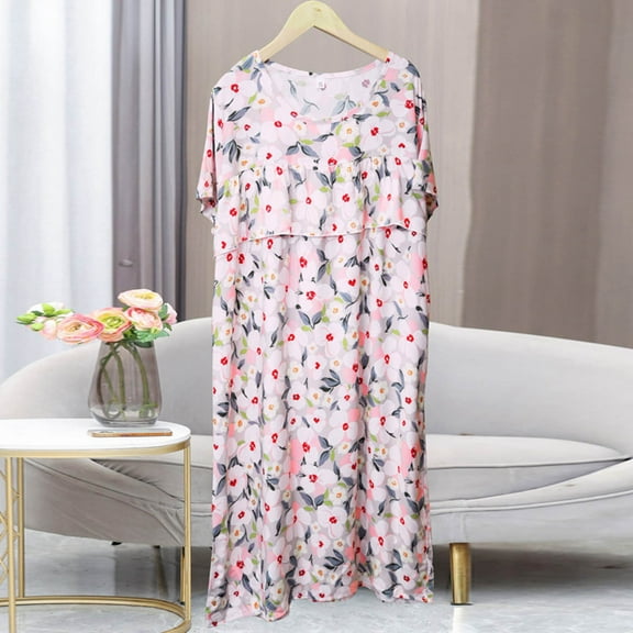 Xysaqa House Dresses Womens Nightgown Floral Print Sleepwear Cotton Casual Short Sleeve Pajama Dress Ruffle Front Old Lady Lounge Dress Plus Size 2X 3X 4X Clearance Pink