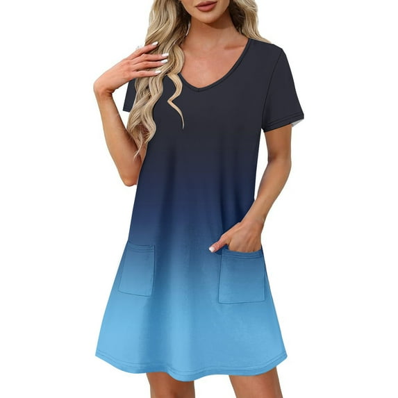 Xysaqa House Dresses Womens Nightgown Gradient Color Sleepwear Casual Short Sleeve Pajama Dress V-Neck Lounge Dress with Pockets S-2XL Summer Savings