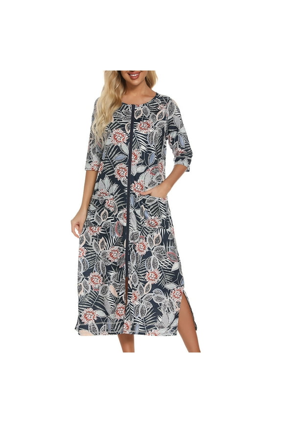 House Dresses for Womens Robe Long Zip Up House Coat Cotton Half Sleeve Nightgowns Soft Comfy Sleepwear Floral Printed Loungewear