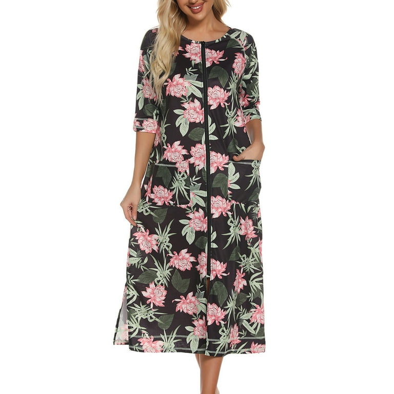 Xysaqa Women's Lightweight House Dress with Pockets, Long Zip Up