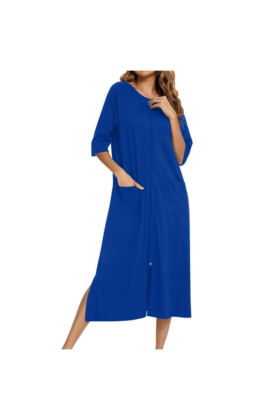 House Dresses for Womens Robe Long Zip Up House Coat Half Sleeve Nightgowns Soft Comfy Sleepwear Women Solid Color Loungewear S-XXL