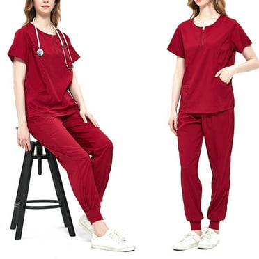 Xysaqa Jogger Scrub for Women Set Multi Pockets Zip Up Crew Neck Scrub Top Elastic Joggers Pants Nursing Uniform Solid Workwear S-XXL Wine