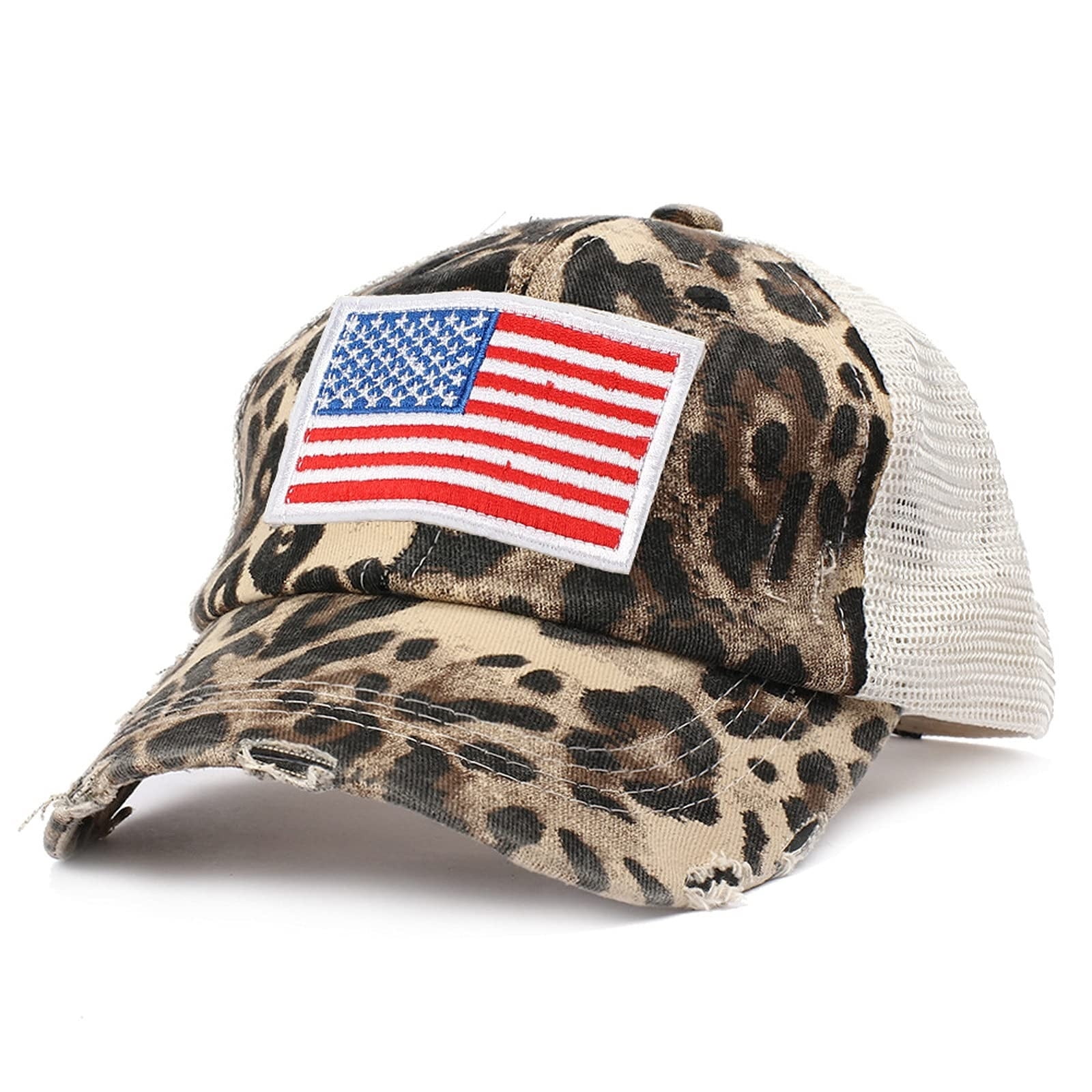 C.C Criss Cross Ponytail & Messy Bun Baseball Cap - Distressed Black + Leopard, Adjustable Trucker Hat For Women