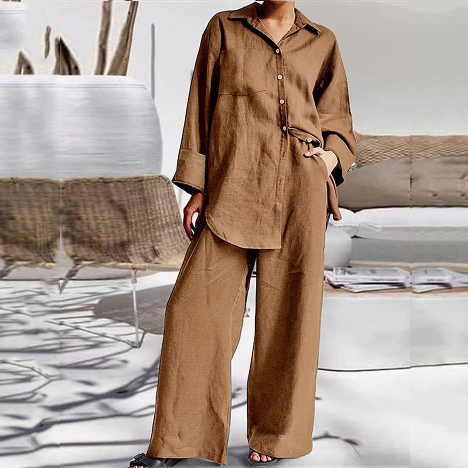 【I AM MARI】Washia Linen S/S T Blouse Wide Slacks Set WASHABLE_SILK_HIGH_RISE_PANT_S