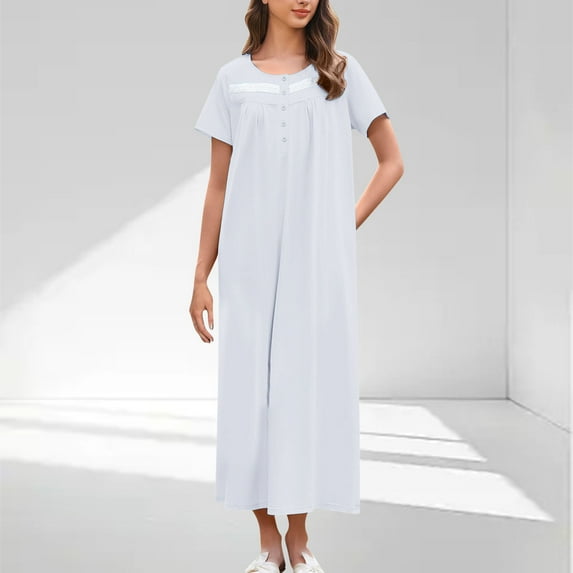 Xysaqa Long House Dresses for Women Nightgowns Solid Color Comfy Sleepwear Maxi Dress Loose Fit Cotton Casual Short Sleeve Pajama Dress Lounge Dress S-2XL Summer Savings