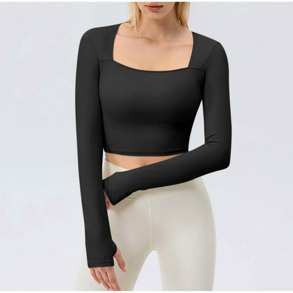 Xysaqa Long Sleeve Crop Tops for Women Slim Tight Fit Sun Protection Shirts Basic Gym Workout Clothes Teen Girls Ladies Casual Yoga Running T-Shirts S-2X Black