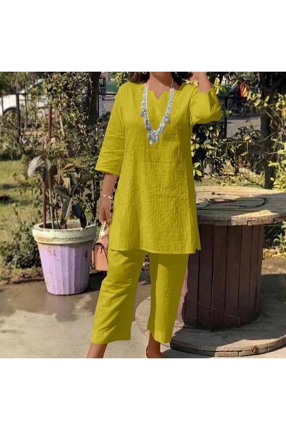 Lounge Sets for Women Two Piece Outfits V Neck Short Sleeve Pullover Top Capris Pants Set Loose Fit Tracksuit S-5XL (Plus Size)