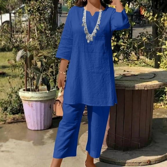 Xysaqa Lounge Sets for Women Two Piece Outfits V Neck Short Sleeve Pullover Top Capris Pants Set Loose Fit Tracksuit S-5XL (Plus Size)