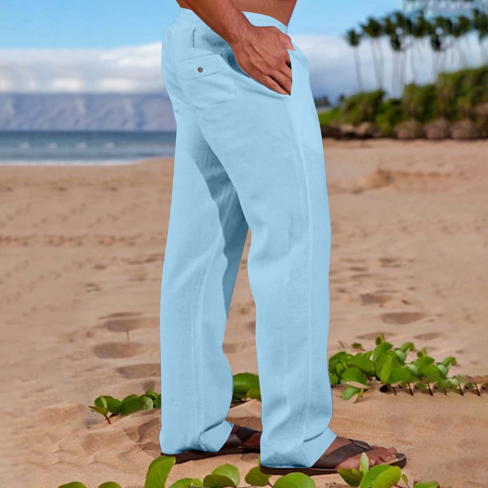 Xysaqa Men Casual Loose Cotton Linen Pants, Mens Lightweight Elastic Waist  Trouser Jogger Yoga Beach Pant Pajama Lounge Wear with Pockets (Big & Tall  S-5XL)