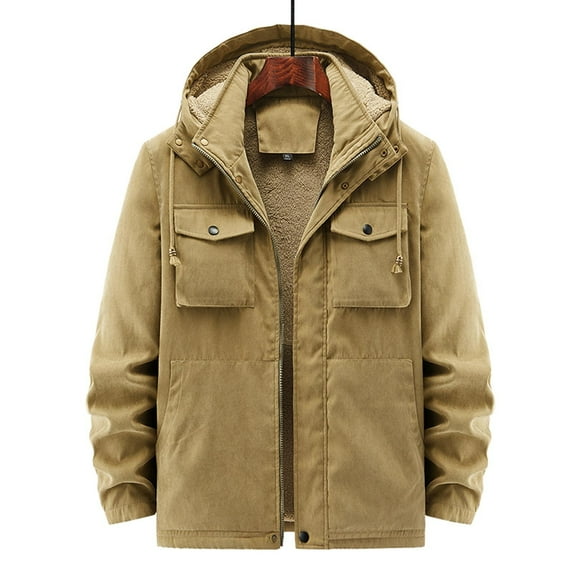 Xysaqa Men Fashion Fleeces Lined Cargo Hooded Jacket Parkas Full-Zip Winter Warm Cotton Thicken Hoodies Cargo Coat L-5XL Big & Tall