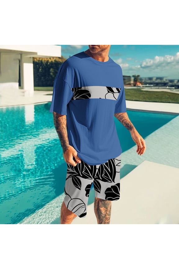 Men's 2 Piece Outfits Funny Tropical Printed Short Sleeve Crewneck Oversized T-Shirt and Shorts Track Suits for Summer Vacation 2X 3X 4X (Available in Big & Tall) Summer Savings
