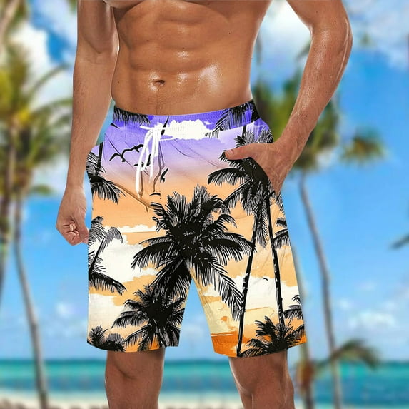 Xysaqa Men's Big & Tall Bathing Suit Board Shorts Mens Swim Trunks Holiday Hawaiian Beach Shorts Palm Tree Printed Swimsuit Elastic Waist Drawstring 3X 4X 5X Clearance