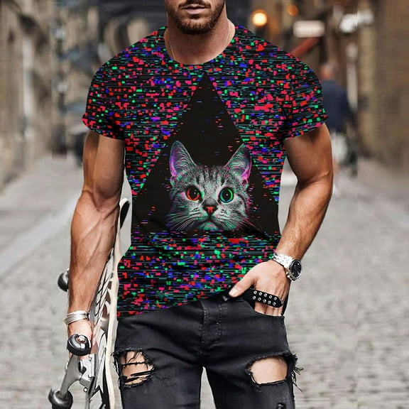 Xysaqa Men's Big & Tall Funny Graphic Tees Mens Summer T-Shirts Casual Crewneck Cool Party Short Sleeve Novelty Cats Printed Shirts Mens Shirts 3X 4X 5X Summer Savings