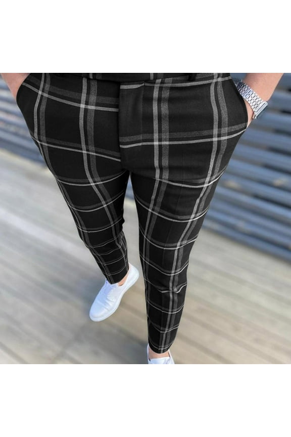 Men's Business Dress Pants Skinny Slim-Fit Plaid Pant Stretch Fashion Casual Golf Dress Trousers for Men