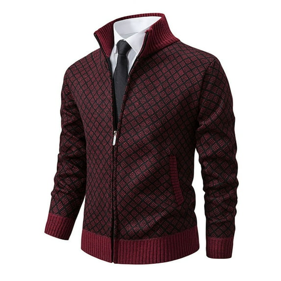 Xysaqa Men's Cardigan Sweaters Zip Up Comfortable Cable Knit Sweater Jackets Mens Slim Fitted V Neck Sweaters with Pockets Wine