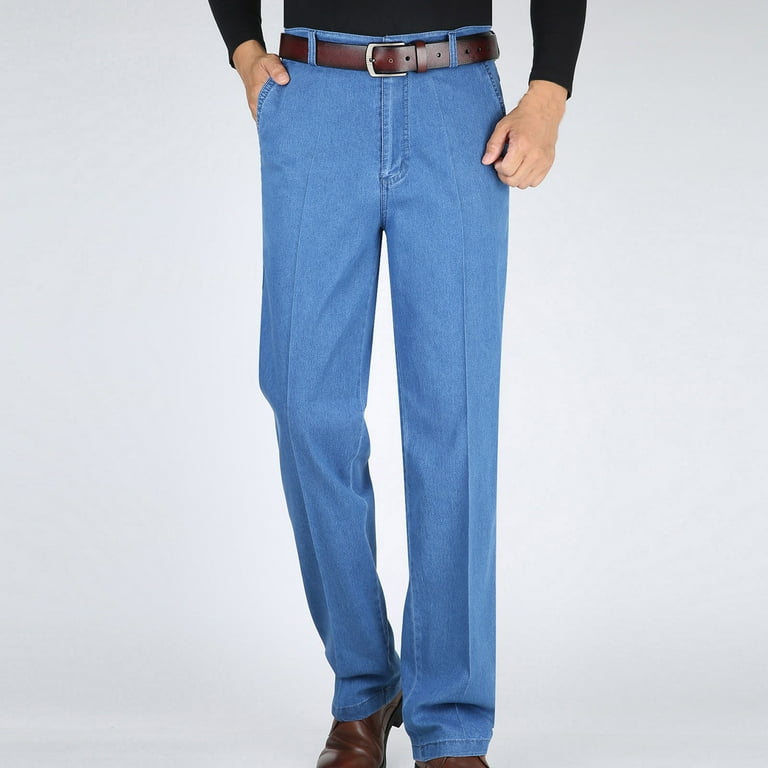 Frontwalk Men Denim Pants Thicken Plush Trousers Mid Waist Jeans Sport  Casual Bottoms Zipper Dark Blue 28 
