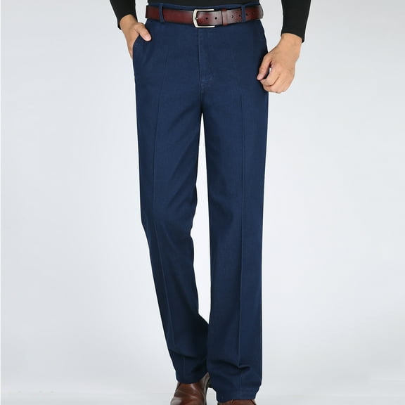 Xysaqa Men's Casual Business Jean, Mens Pleat & Flat Front Denim Pants for Men Classic Pocket Relaxed Fits Stretch Jean