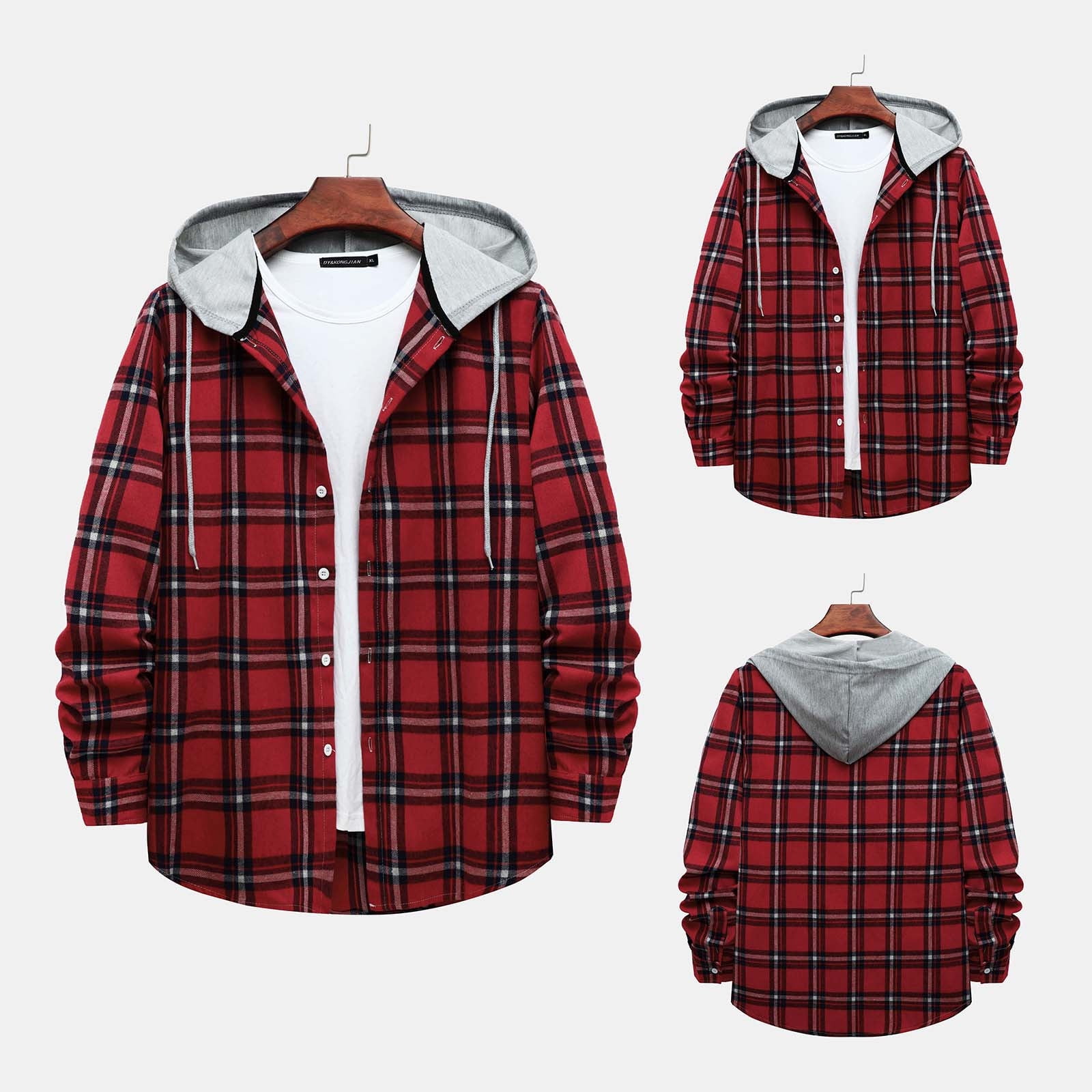 ZCFZJW Mens Classic Plaid Long Sleeve Hooded Shirts Casual Thin Cotton  Light Jacket Relaxed Fit Loose Outwear Hoodies Shirt Red S