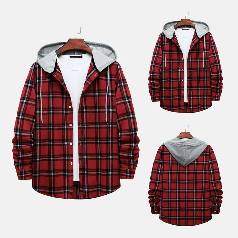 Xysaqa Men's Casual Long Sleeve Flannel Plaid Hoodie Shirts, Lightweight  Buttons Hooded Shirt Jacket for Men & Boy