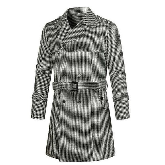 Xysaqa Men's Classic Notched Lapel Double Breasted Mid Long Trench Coat Black & White Plaid Casual Cotton Blended Pea Coat with Belt