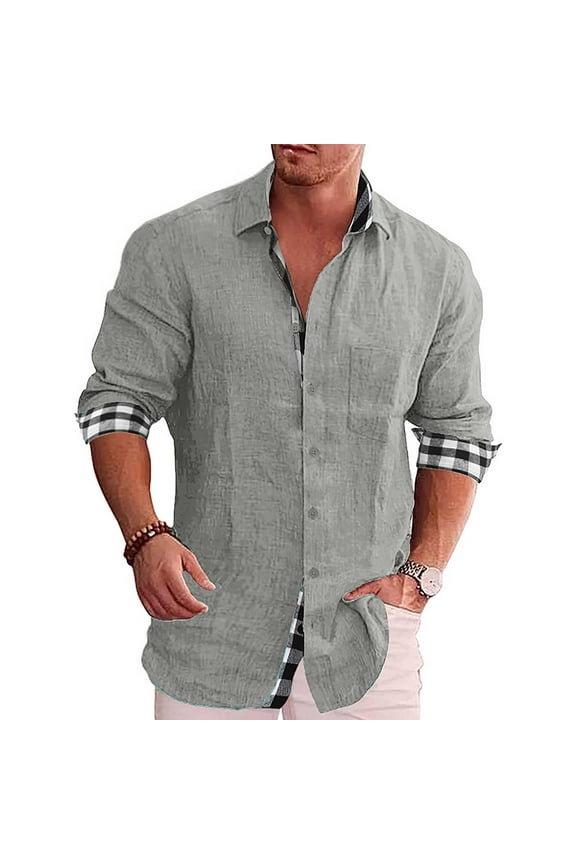 Men's Cotton Linen Casual Stylish Button-Down Tee Shirt Pocket Long Sleeve Dress Shirts for Men Big & Tall S-5XL
