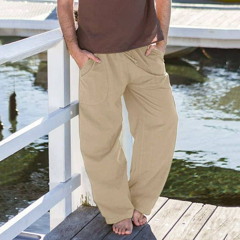 Mens Beach Loose Cotton Linen Pants Yoga Drawstring Elasticated Trousers  Summer