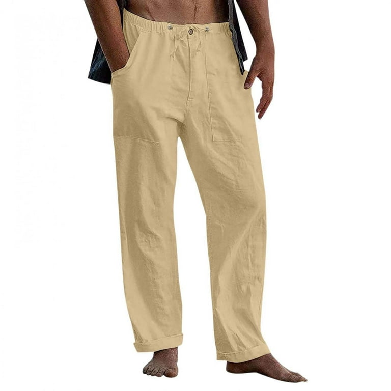 Mens Linen Trousers Casual Lightweight Elastic Waist Summer Beach