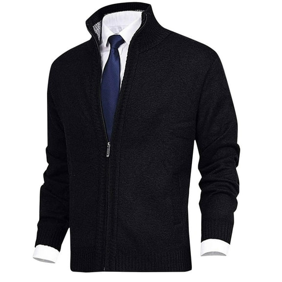 Xysaqa Men's Fashion Cable Knitted Cardigan Sweater Full Zip Slim Fitted Sweaters Casual Long Sleeve Business Work Sweater Jackets with Pockets Black