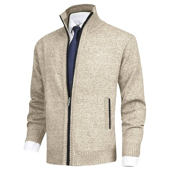 Xysaqa Men's Fashion Cable Knitted Cardigan Sweater Full Zip Slim Fitted Sweaters Casual Long Sleeve Business Work Sweater Jackets with Pockets Khaki