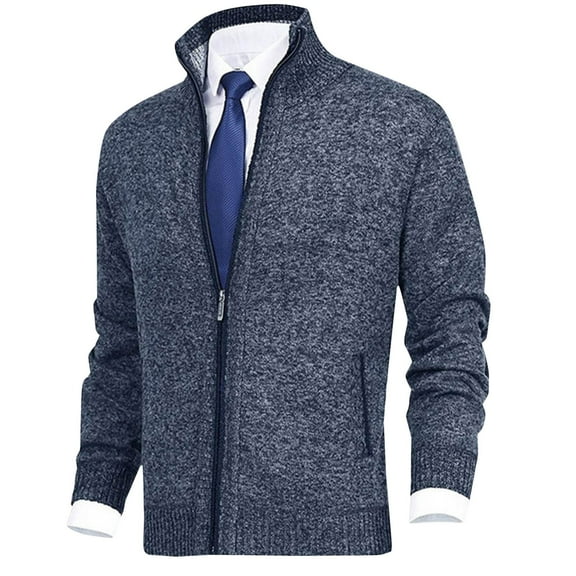 Xysaqa Men's Fashion Cable Knitted Cardigan Sweater Full Zip Slim Fitted Sweaters Casual Long Sleeve Business Work Sweater Jackets with Pockets Navy